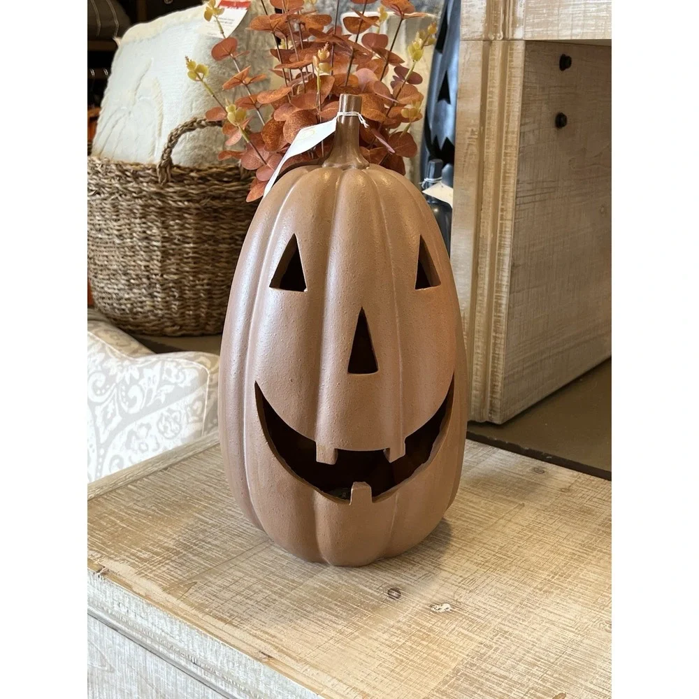 Terracotta LED Jack O Lantern Statue New 14 in